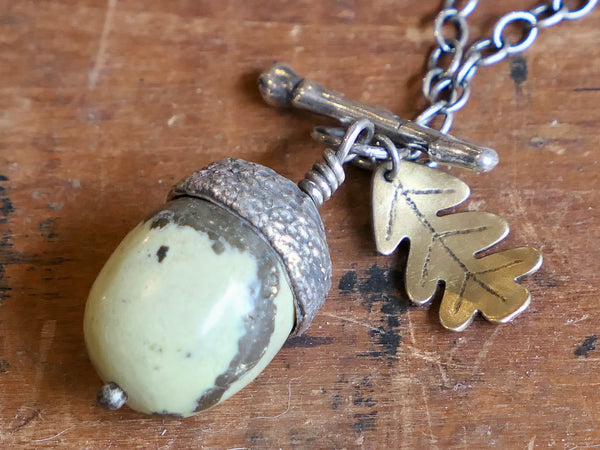 Large Acorn Pendant with Serpentine Acorn and Brass Oak Leaf