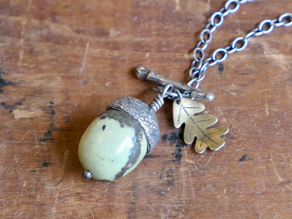 Large Acorn Pendant with Serpentine Acorn and Brass Oak Leaf