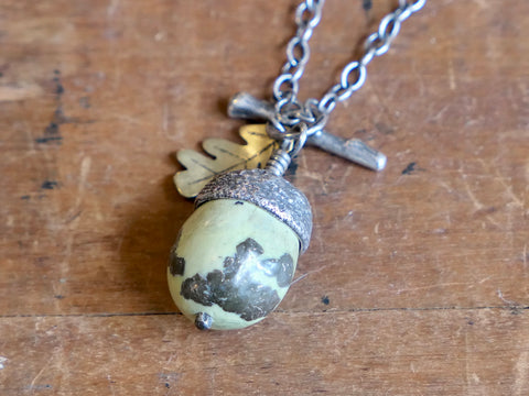 Large Acorn Pendant with Serpentine Acorn and Brass Oak Leaf
