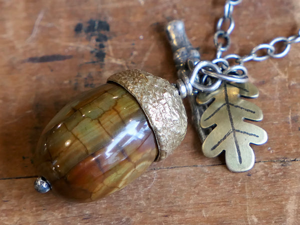 Large Acorn Pendant with Agate and Brass Oak Leaf