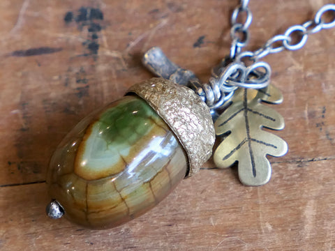 Large Acorn Pendant with Agate and Brass Oak Leaf