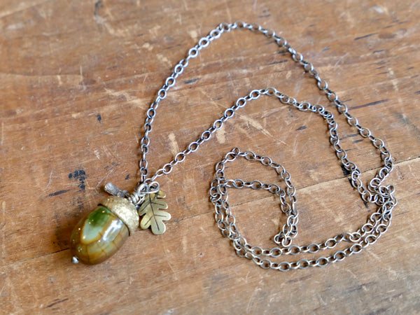 Large Acorn Pendant with Agate and Brass Oak Leaf