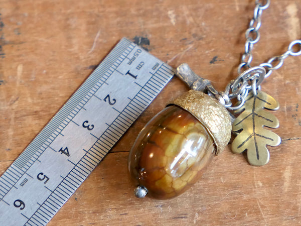 Large Acorn Pendant with Agate and Brass Oak Leaf