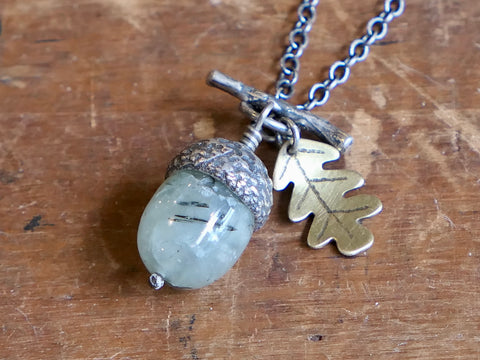 Small Acorn Pendant with Prehnite and Brass Oak Leaf
