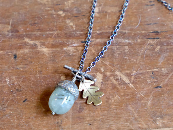 Small Acorn Pendant with Prehnite and Brass Oak Leaf