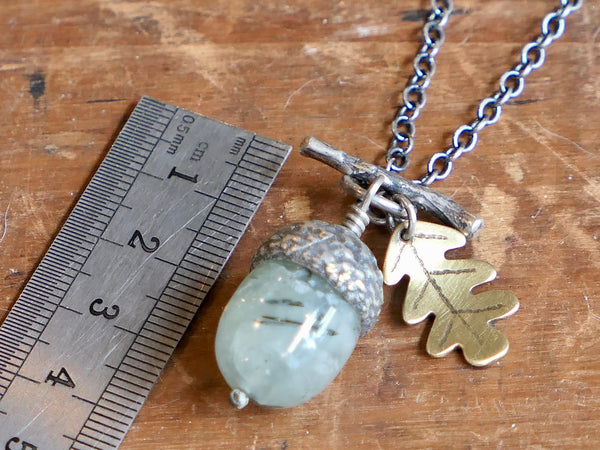 Small Acorn Pendant with Prehnite and Brass Oak Leaf