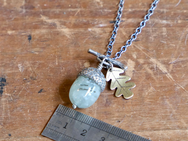 Small Acorn Pendant with Prehnite and Brass Oak Leaf