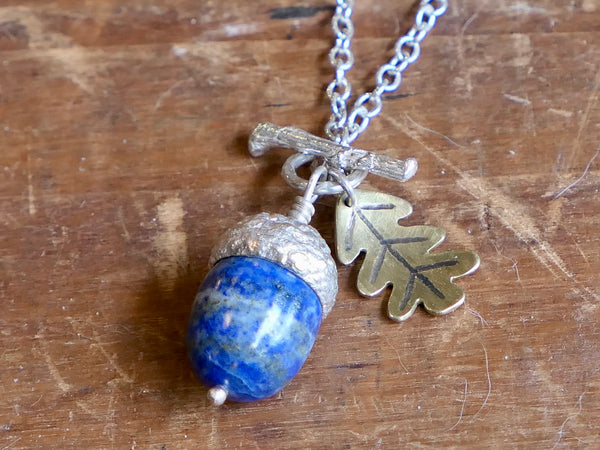 Small Silver Acorn Pendant with Lapis Lazuli and Brass Leaf