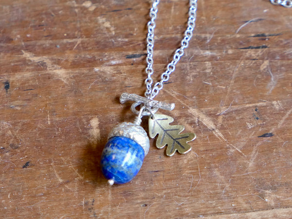 Small Silver Acorn Pendant with Lapis Lazuli and Brass Leaf