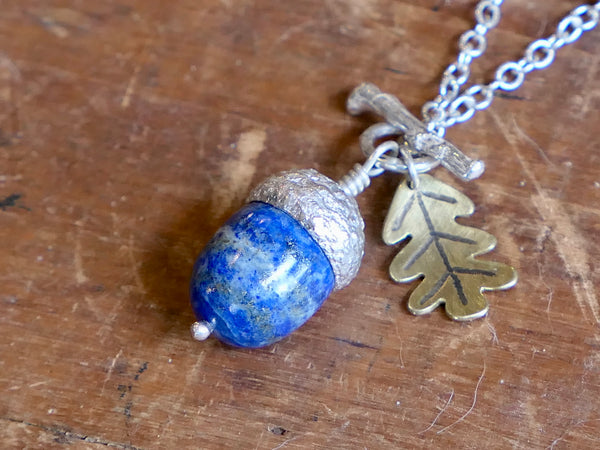 Small Silver Acorn Pendant with Lapis Lazuli and Brass Leaf
