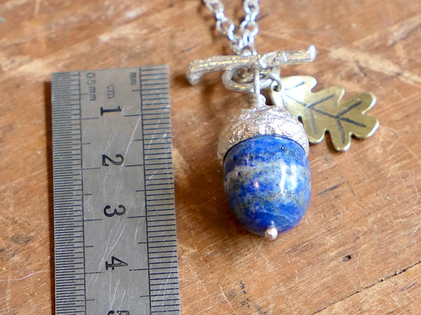 Small Silver Acorn Pendant with Lapis Lazuli and Brass Leaf