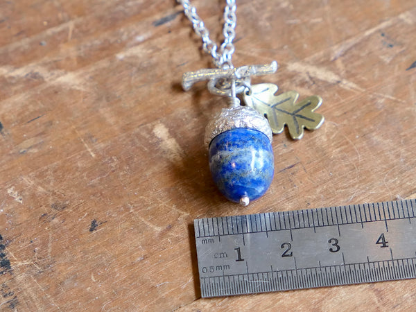 Small Silver Acorn Pendant with Lapis Lazuli and Brass Leaf