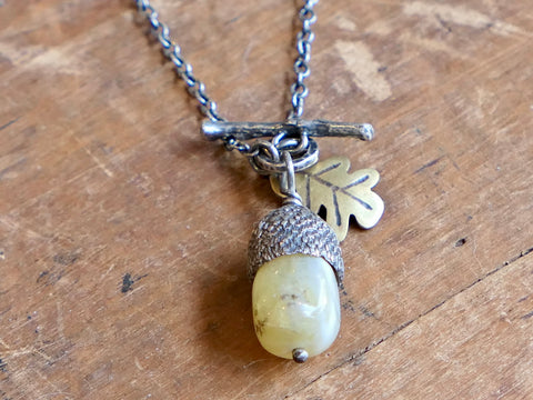 Small Silver Acorn Necklace with Yellow Opal