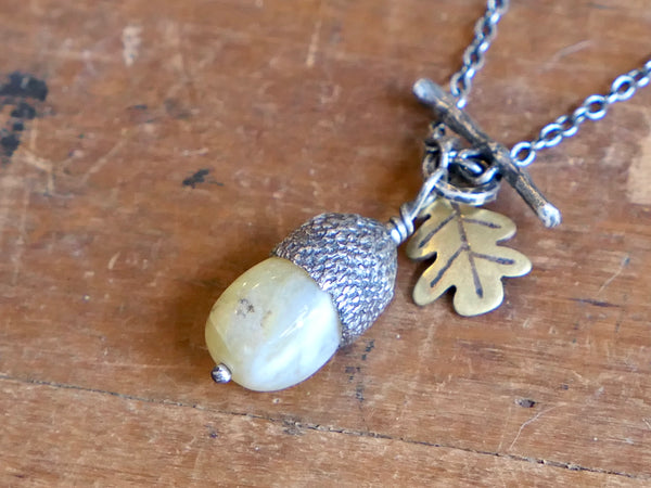 Small Silver Acorn Necklace with Yellow Opal