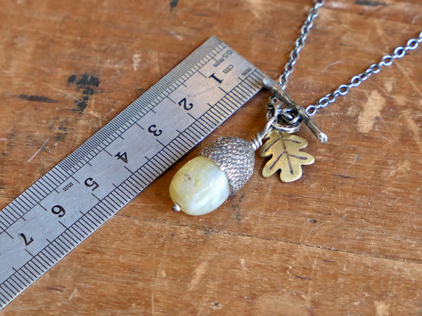 Small Silver Acorn Necklace with Yellow Opal