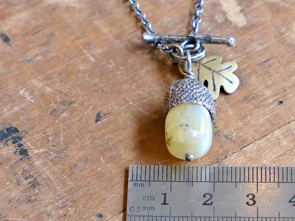 Small Silver Acorn Necklace with Yellow Opal