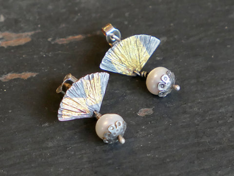 Silver and Freshwater Pearl Gingko Leaf Earrings