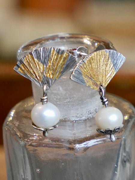 Silver and Freshwater Pearl Gingko Leaf Earrings