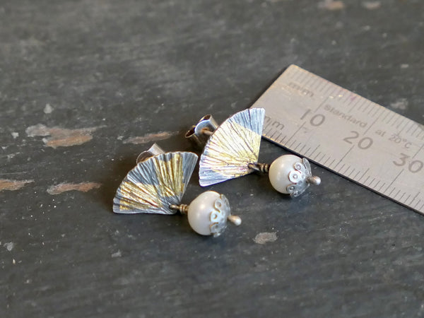 Silver and Freshwater Pearl Gingko Leaf Earrings