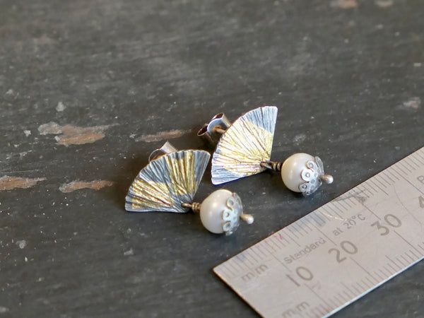 Silver and Freshwater Pearl Gingko Leaf Earrings
