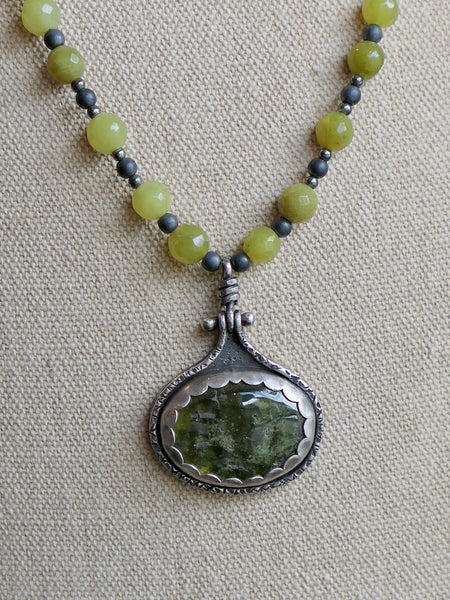 Sterling Silver, Vesuvianite and Vintage Jade Necklace