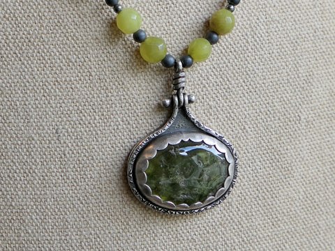 Sterling Silver, Vesuvianite and Vintage Jade Necklace