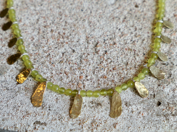 Olive Jade and Brass Petal Necklace