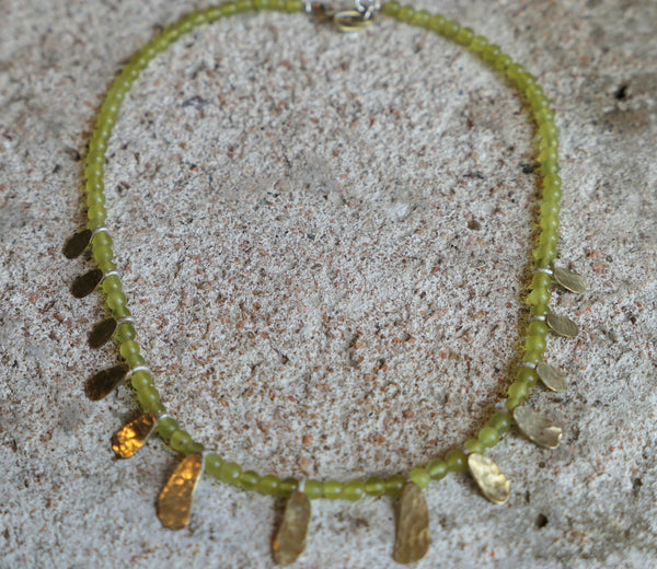 Olive Jade and Brass Petal Necklace