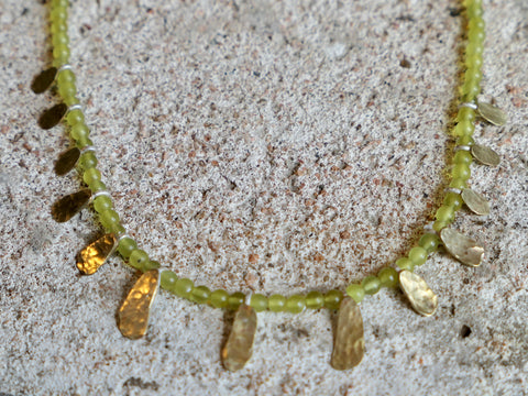Olive Jade and Brass Petal Necklace