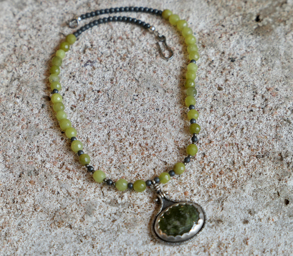 Sterling Silver, Vesuvianite and Vintage Jade Necklace