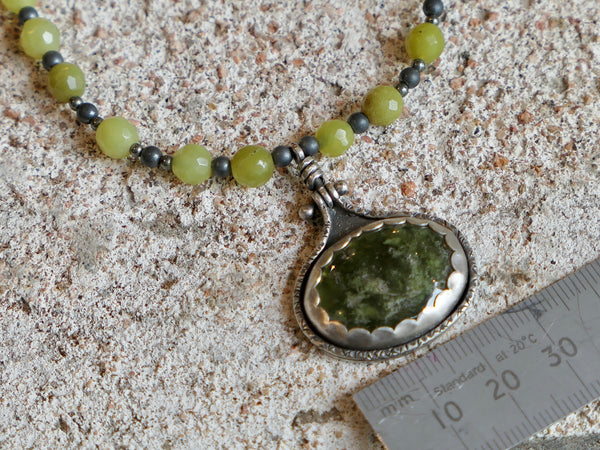 Sterling Silver, Vesuvianite and Vintage Jade Necklace