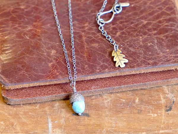 Tiny Acorn Pendant with Peruvian Blue Opal