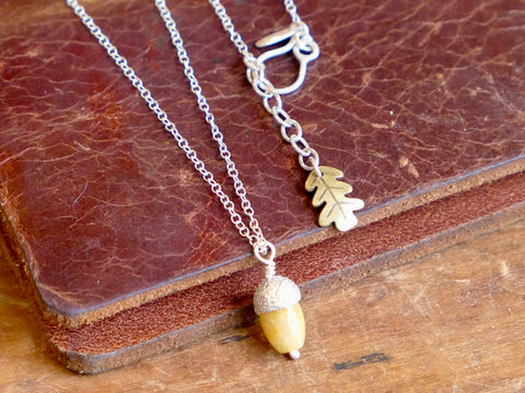 Tiny Acorn Pendant with Yellow Jade