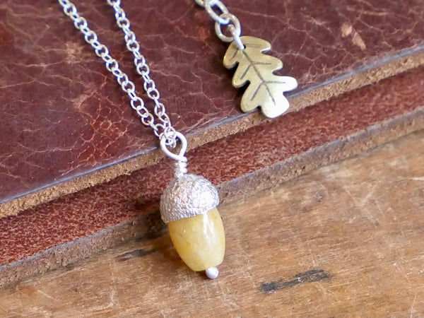 Tiny Acorn Pendant with Yellow Jade