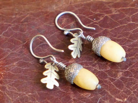 Silver and Yellow Jade Acorn Earrings