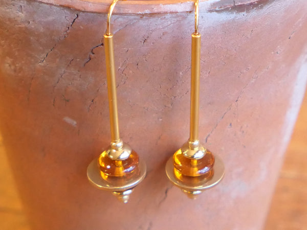 Stacked Brass and Glass Earrings Amber