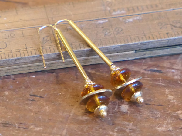 Stacked Brass and Glass Earrings Amber