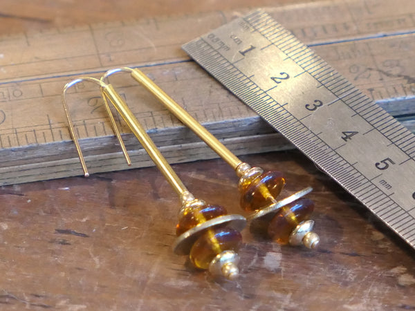 Stacked Brass and Glass Earrings Amber