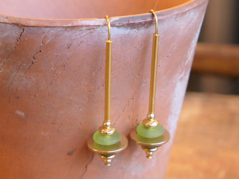 Stacked Brass and Glass Earrings Lime Green