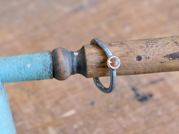 Textured, Oxidised Silver Ring with Orange Rose Cut Diamond