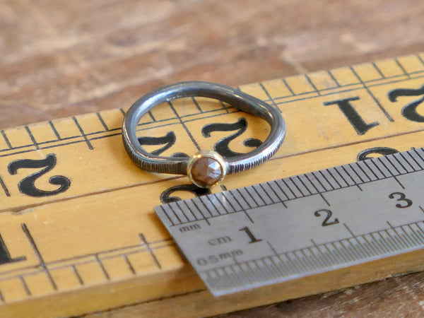 Textured, Oxidised Silver Ring with Orange Rose Cut Diamond