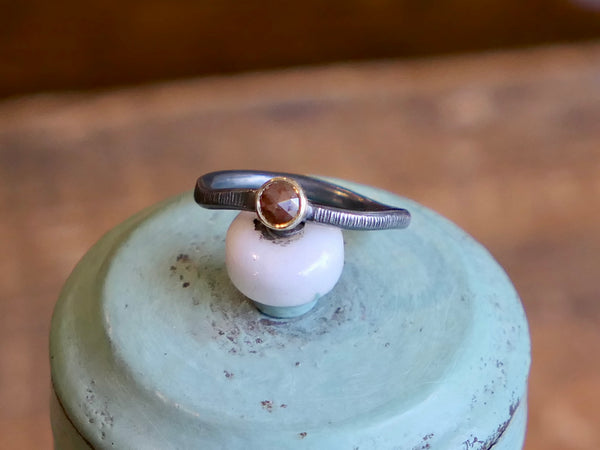 Textured, Oxidised Silver Ring with Orange Rose Cut Diamond