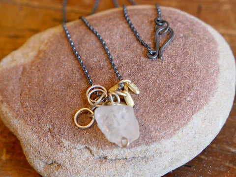 Rocky Pendant with Rock Crystal and  Silver Hoops and Brass Pompoms