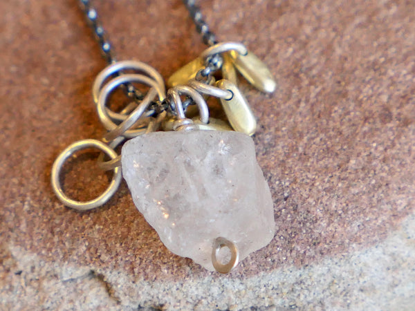 Rocky Pendant with Rock Crystal and  Silver Hoops and Brass Pompoms