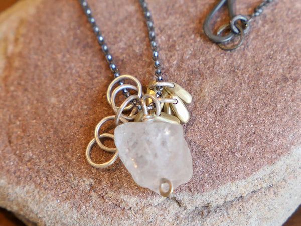 Rocky Pendant with Rock Crystal and  Silver Hoops and Brass Pompoms