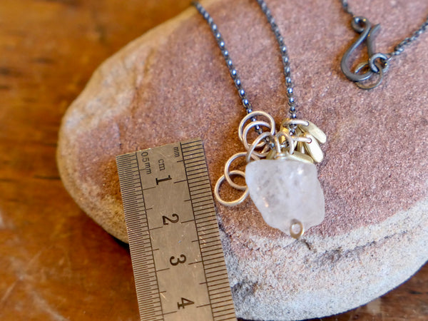 Rocky Pendant with Rock Crystal and  Silver Hoops and Brass Pompoms