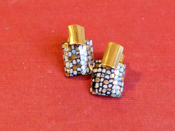 Gold Plated Rectangle and Square Stud Drop Earrings Blue and Gold