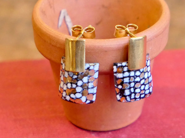 Gold Plated Rectangle and Square Stud Drop Earrings Blue and Gold