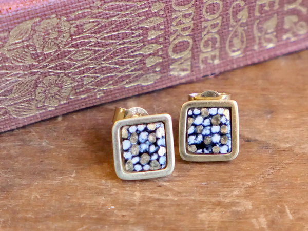 Gold Plated Silver Blue and Gold Square Framed Studs