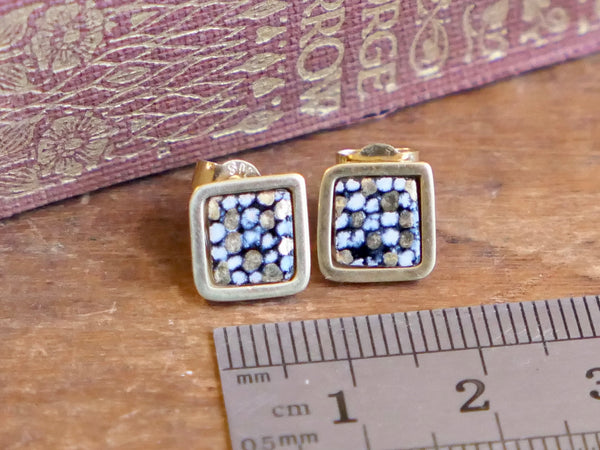 Gold Plated Silver Blue and Gold Square Framed Studs